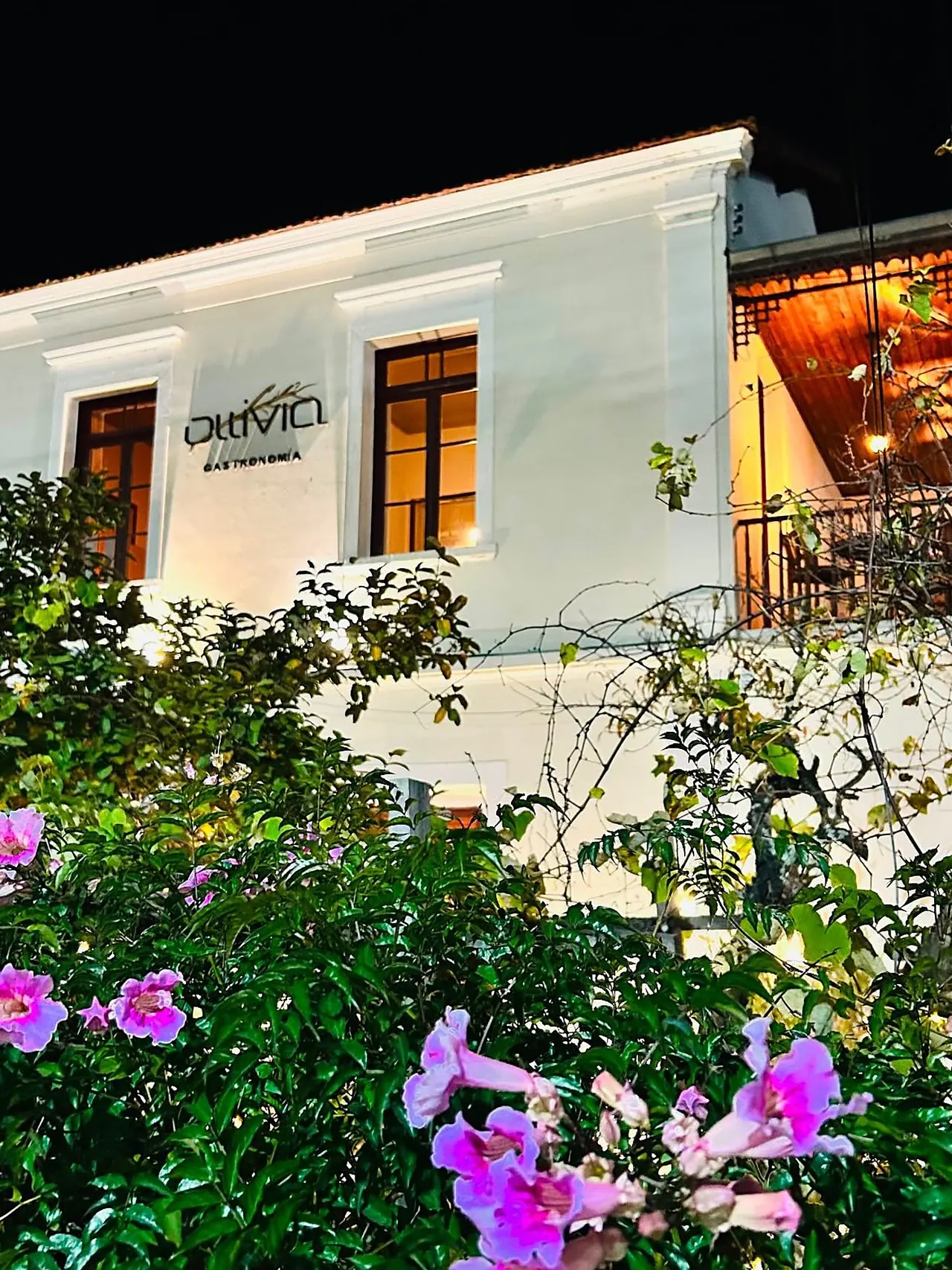 O casarão iluminado à noite, com flores no jardim