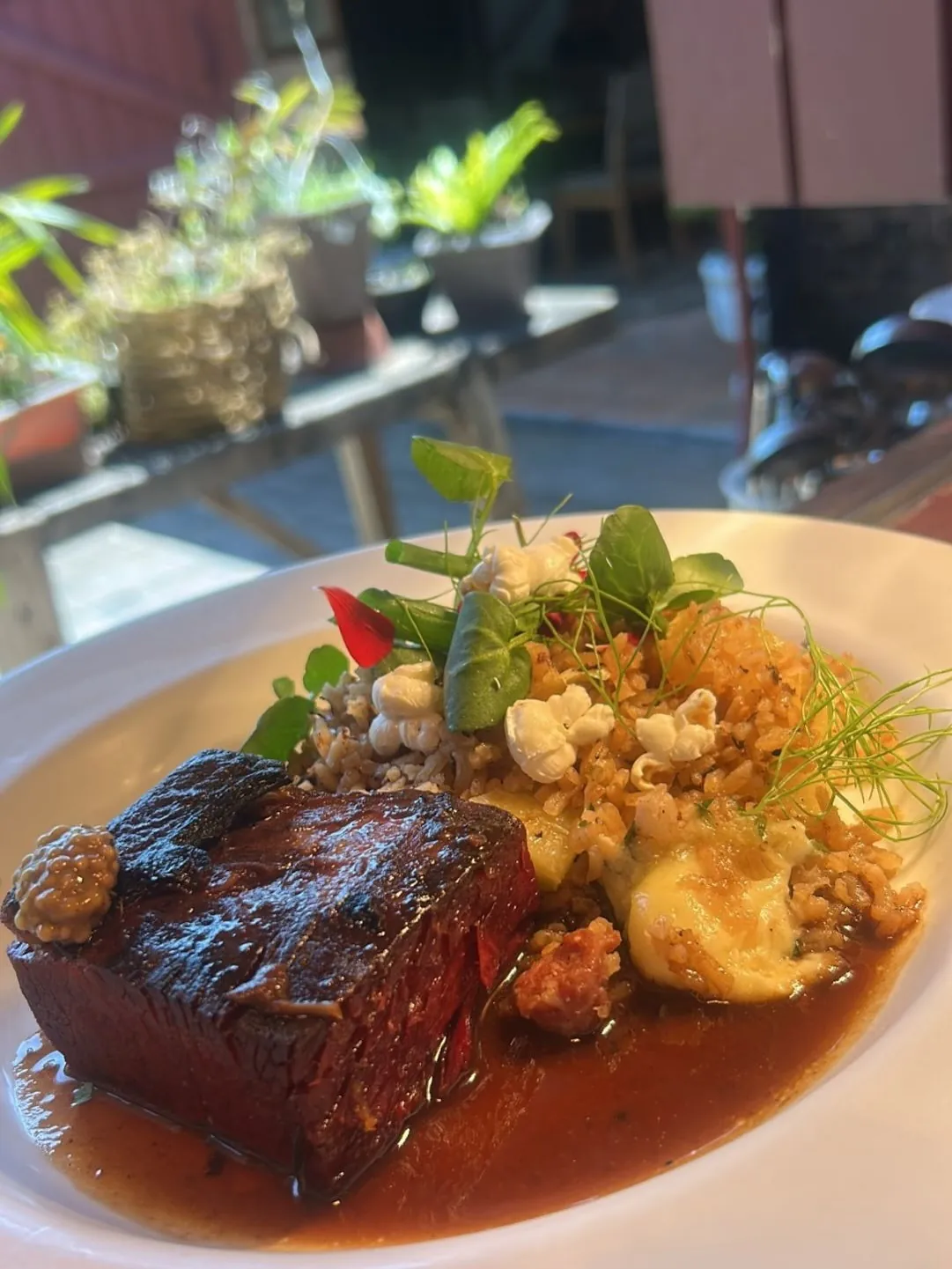 Carne com legumes e molho da casa